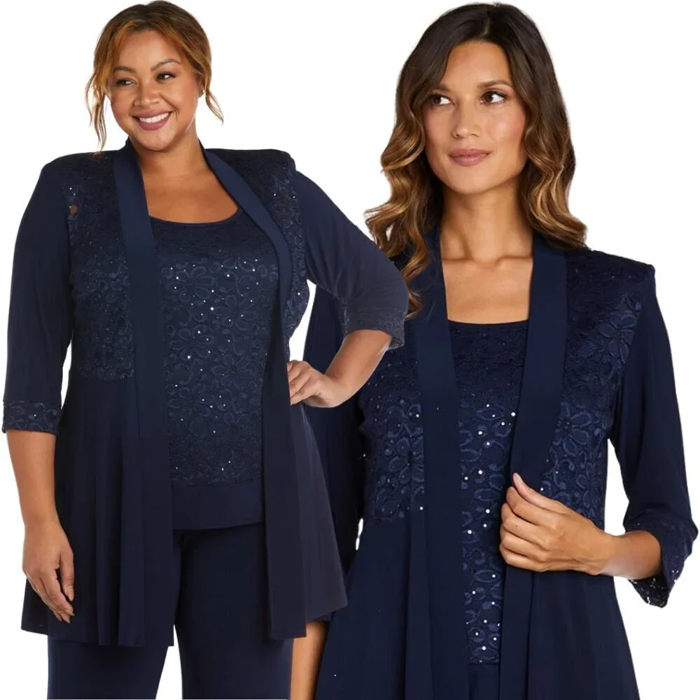 R&M Richards Lace & Sequin Jacket Tank Set Women's 10 Blue Formal Dressy Sparkly